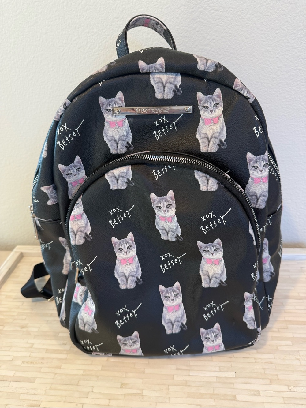Betsey Johnson Black Mini Backpack with Gray Cat Print and Pink Bows